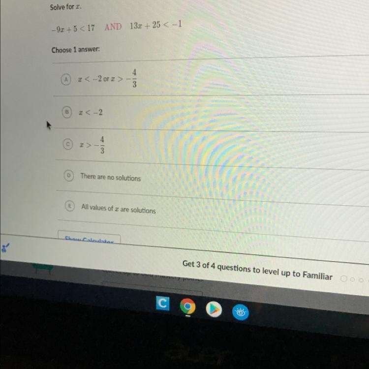 Solve for x. -9x + 5 < 17 AND 13x + 25 < -1-example-1