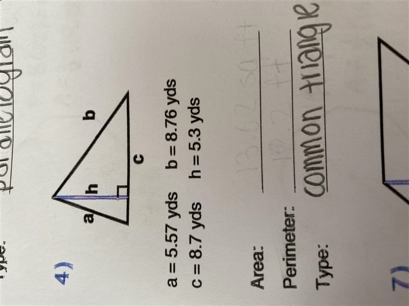 Calculate the area and perimeter for this common triangle.-example-1