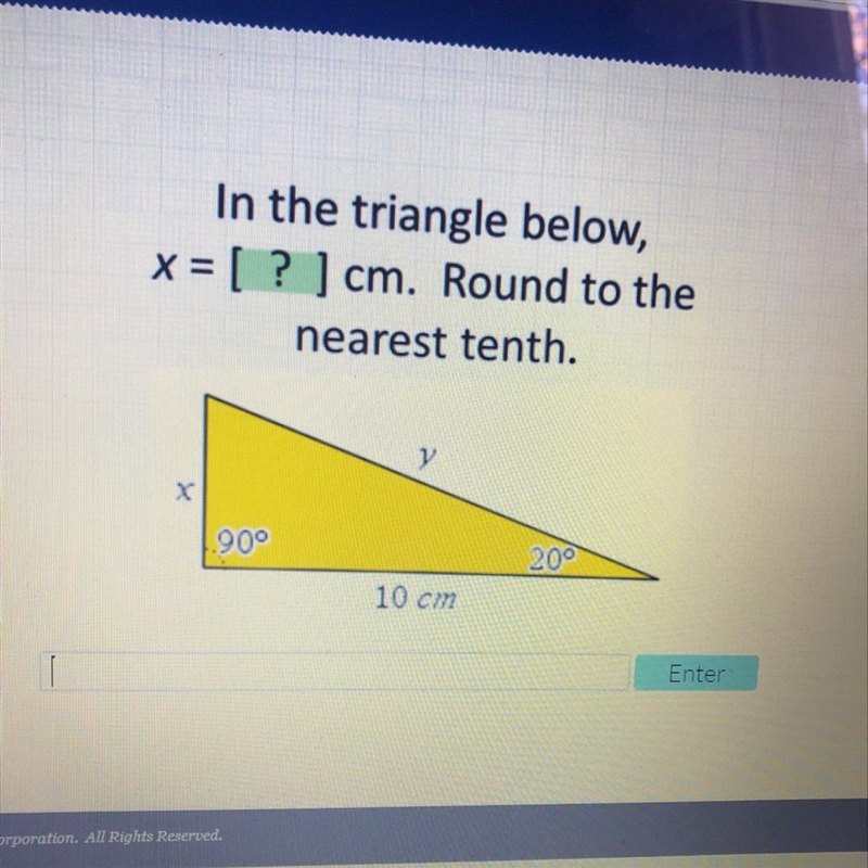 In the triangle below x=? Round to the nearest tenth.-example-1