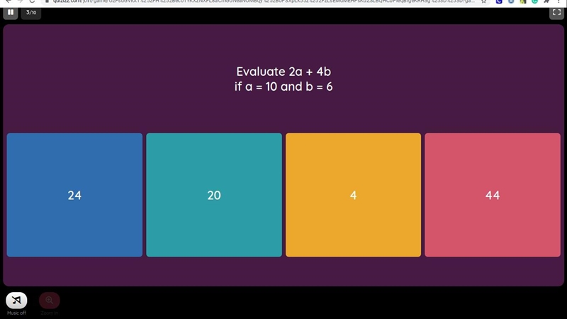 Evaluate 2a + 4b if a =10 and b=6-example-1