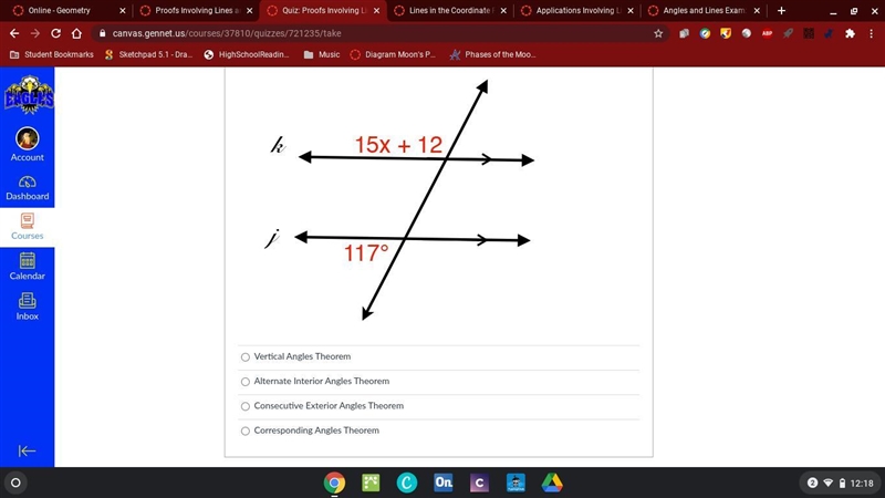 Which theorem would be used to write 15x + 12 + 117 = 180 in the diagram below?-example-1