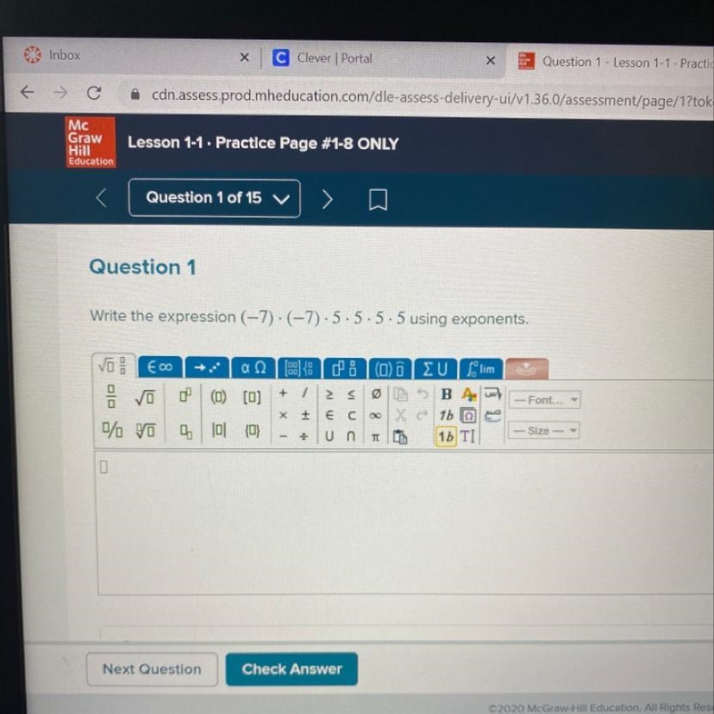 Write the expression (-7) · (–7)5. 5. 5. 5 using exponents. please help!!-example-1