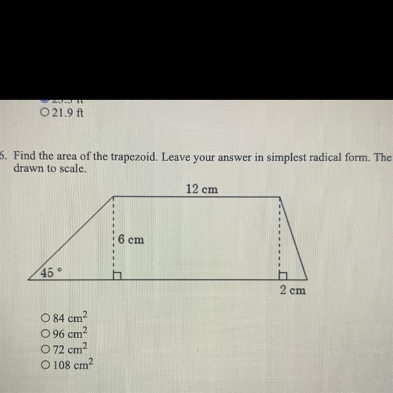 Find the area of the trapezoid. Leave your answer in simplest radical form. The figure-example-1