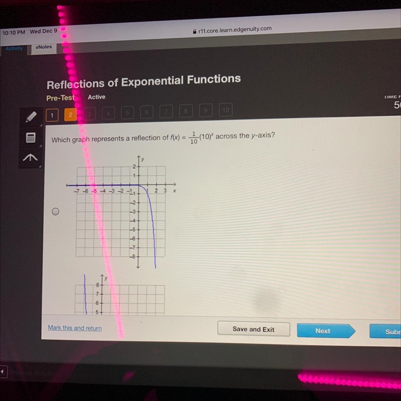 Which graph represents a reflection of f(x) = 1o (10) across the y-axis?-example-1