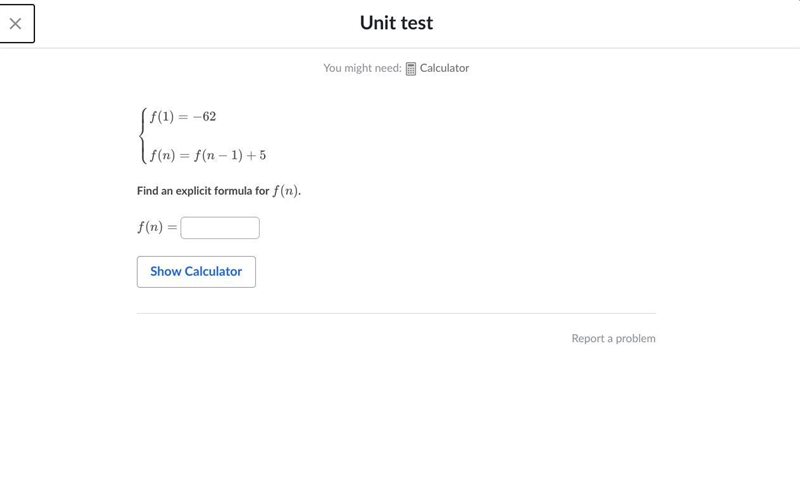 Find an explicit formula for f(n) f(1)=−62 f(n)=f(n−1)+5 ​-example-1