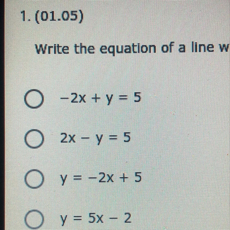 Write the equation of a line with a slope of -2 and a y-intercept of 5. (2 points-example-1