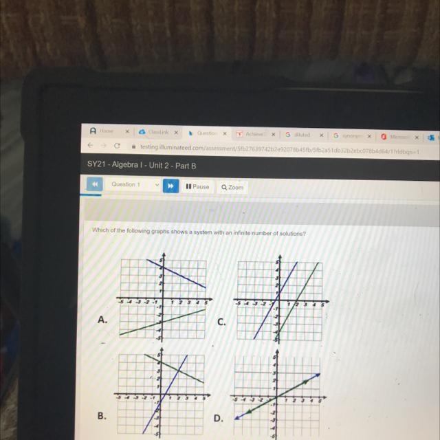 Which of the following graphs shows a system with a infinite number of solutions-example-1