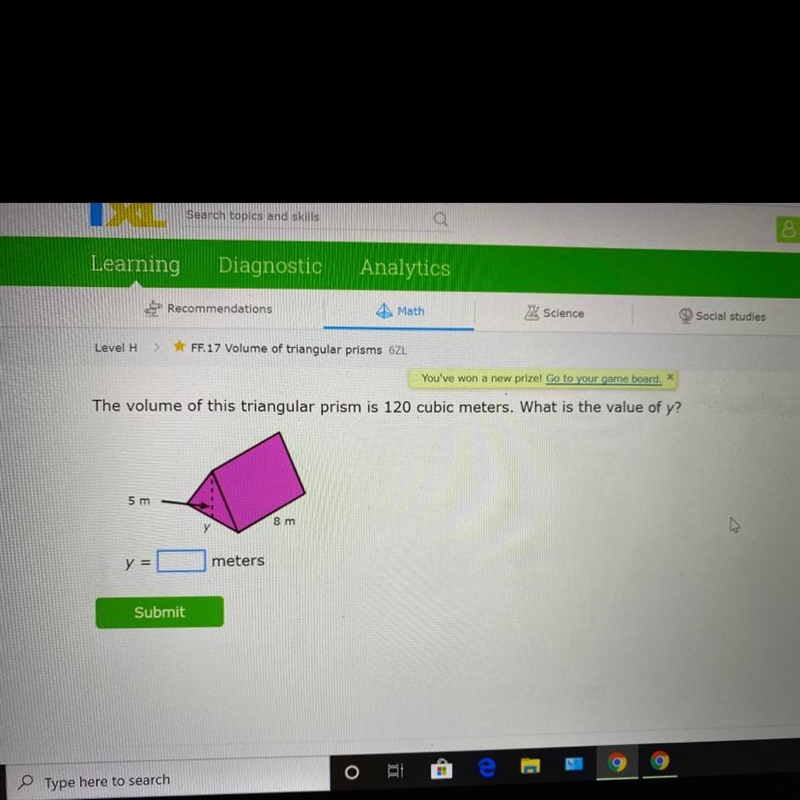 The volume of this triangular prism is 120 cubic meters. What is the value of y? Please-example-1