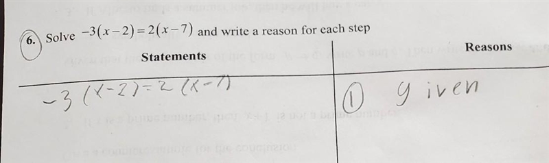 Please solve-3(×-2)=2(×-7) and write a reason for each step ​-example-1