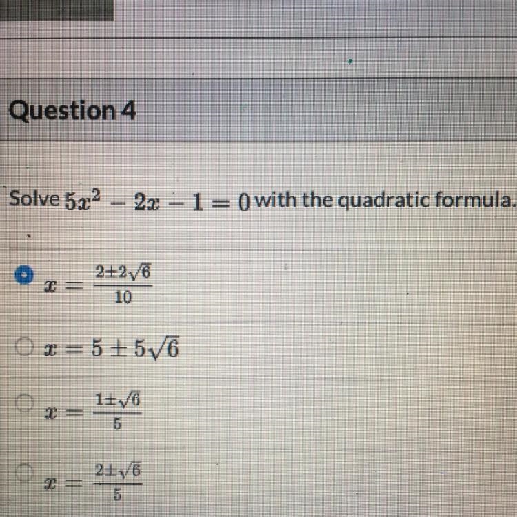 Solve 5x^2-2x-1=0 with the quadratic formula-example-1