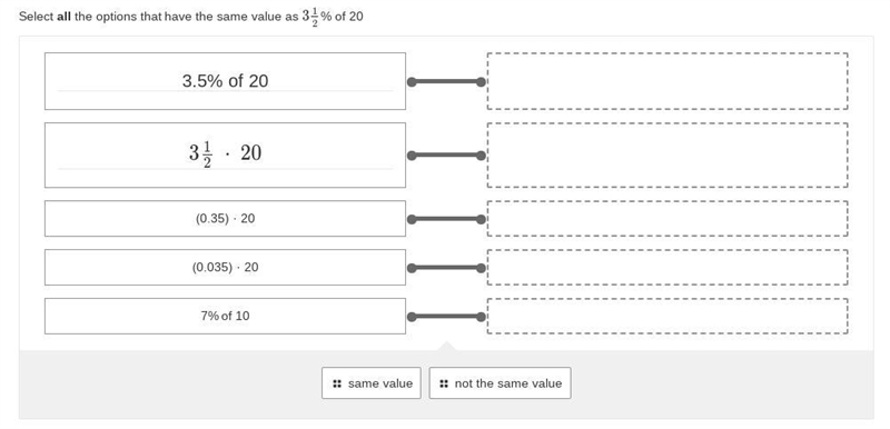 Select ALL the options that have the same value as 3 1/2% of 20.-example-1