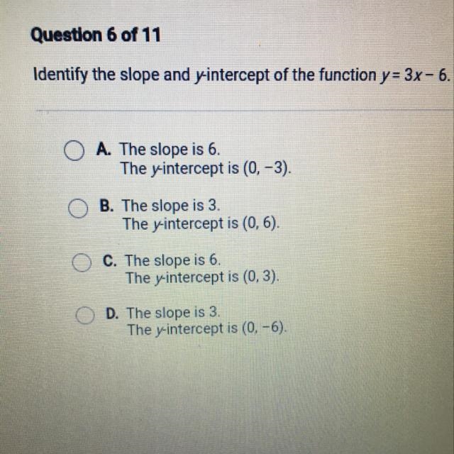 Ldentify the slope and yintercept of the function y = 3x- 6. OA. The slope is 6. OB-example-1