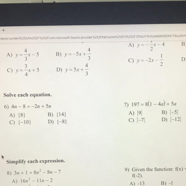 6) 4n - 8 = -2n + 5n 7. 197=8(1-4a)+5a-example-1