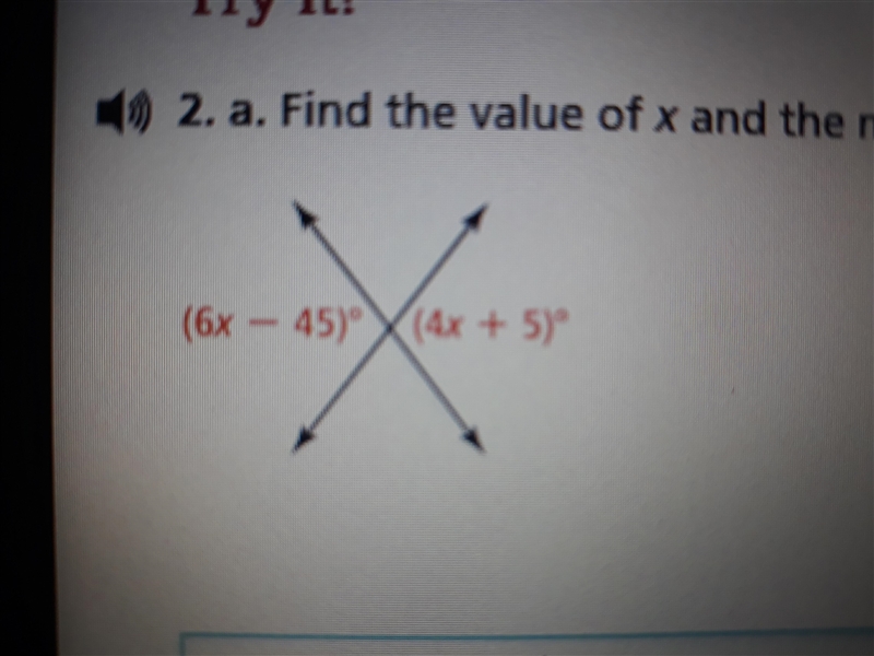 Find the value of x and measure of each labeled angle.-example-1