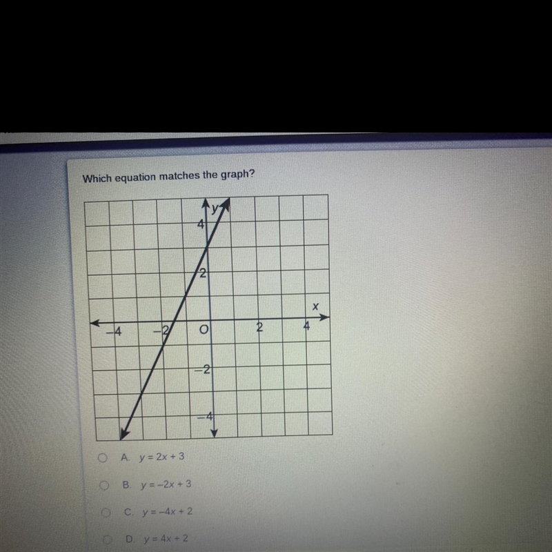 Which equation matches the graph A.y=2x+3 B.y=-2x+3 C.y=-4x+2 D.y=4x+2-example-1