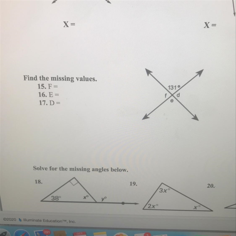 Find the missing values. 15. F= 16. E= 17. D= 1319 d e-example-1