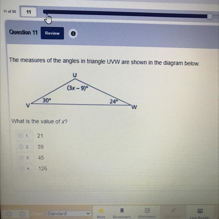 U (3x -9) 30° 240 w What is the value of x? 1. 21 2. 39 3 45 4 126-example-1