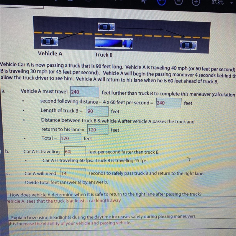 Vehicle Car A is now passing a truck that is 90 feet long. Vehicle A is traveling-example-1