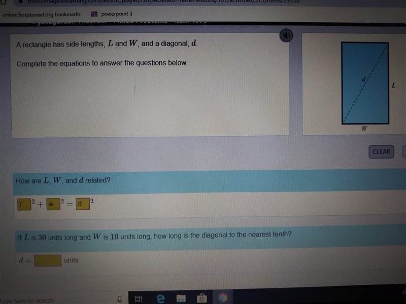 If L is 30 units long and W is 10 units long, how long is the diagonal to the nearest-example-1