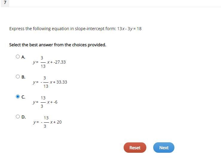 Express the following equation in slope-intercept form: 13x - 3y = 18 Select the best-example-1