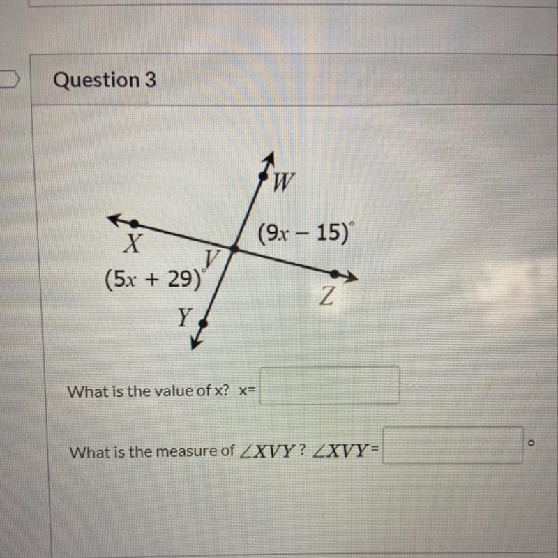 What is the value of x? What is the measure of XVY? XVY=-example-1