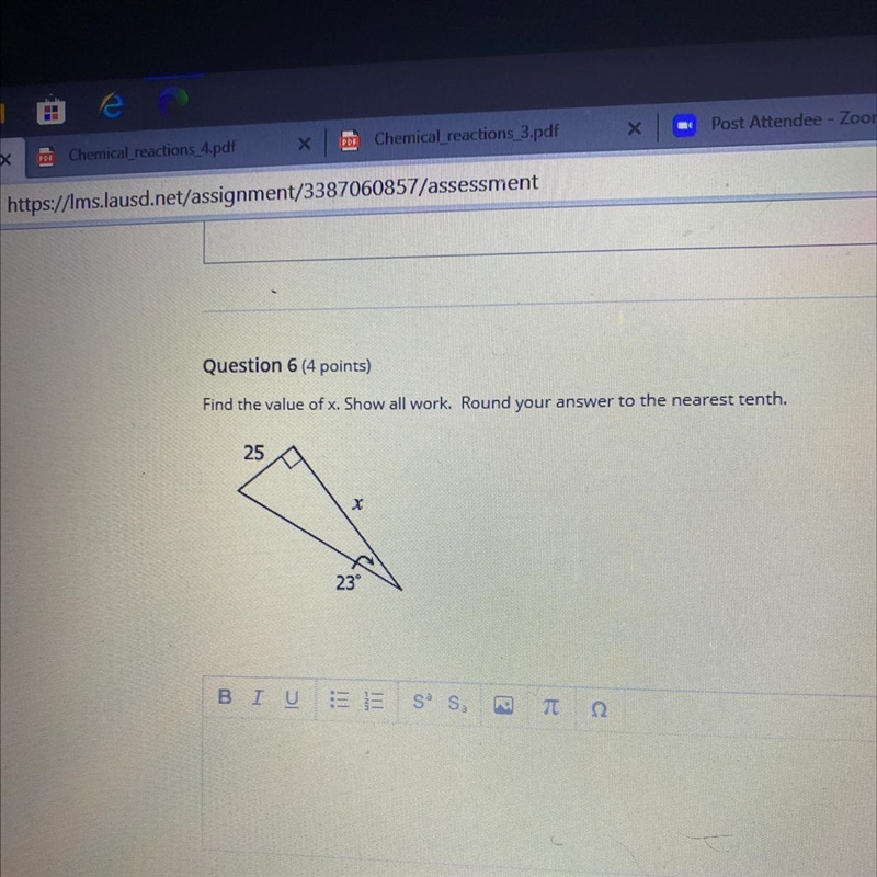 Find the value of x. Show all work. Round your answer to the nearest tenth. 25 x 23 Please-example-1