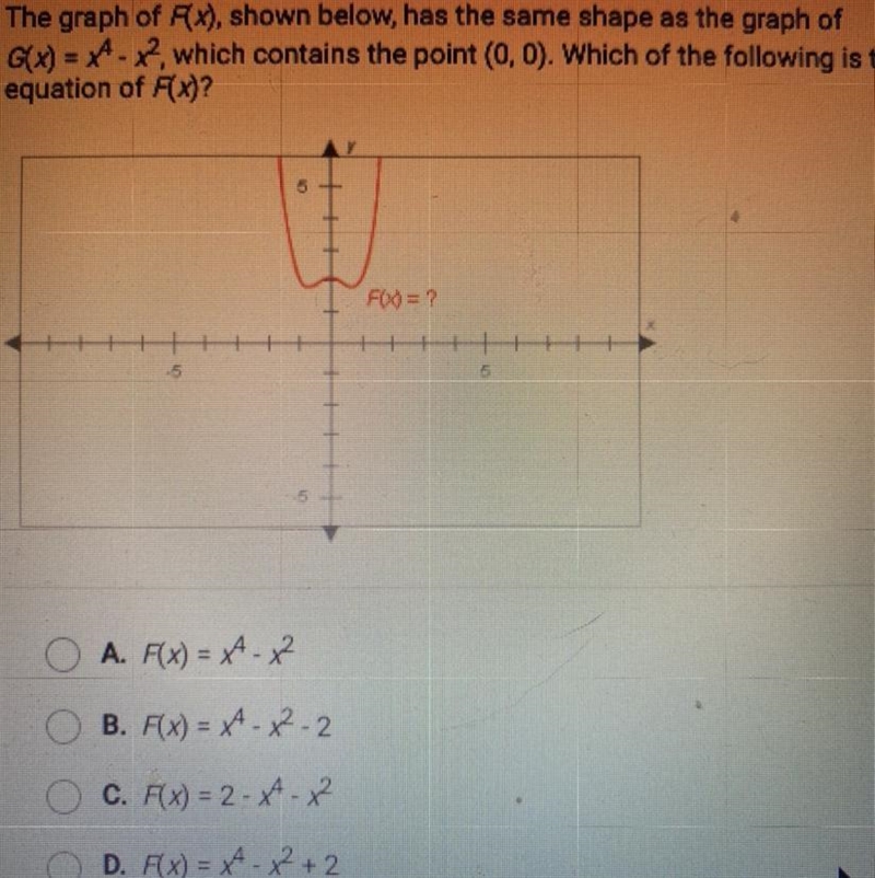 The graph of F(X), shown below, has the same shape as the graph of G(x) = x4 – x2, which-example-1