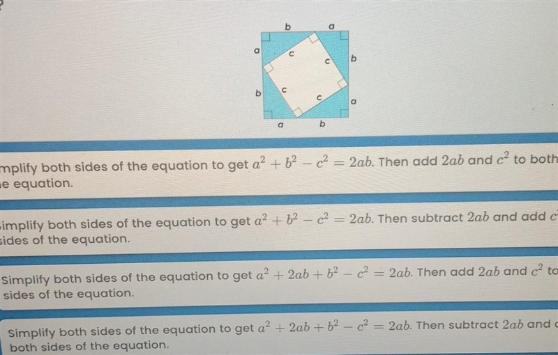 Kira is using the figure shown to prove the Pythagorean theorem. She starts by writing-example-1