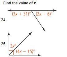 Please help! Find the value of x. 1. (3x+31)degrees and (2x-6)degrees 2. 3x degrees-example-1