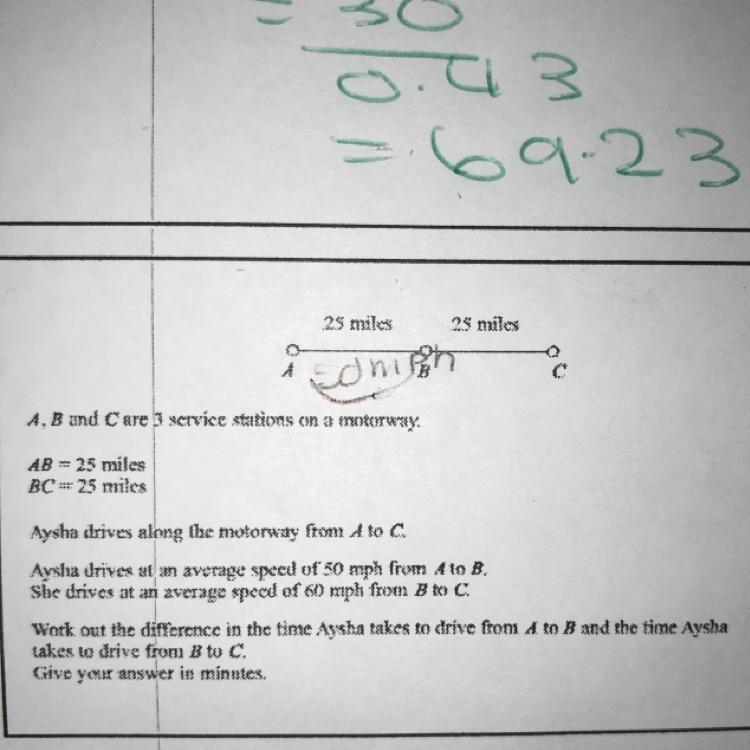 A, B and C are service stations AB= 25 miles BC= 25 miles Aysha drives along the motorway-example-1