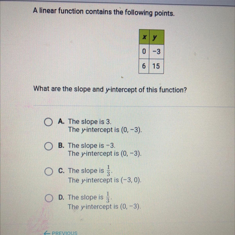 A linear function contains the following points. ху 0-3 6 15 What are the slope and-example-1