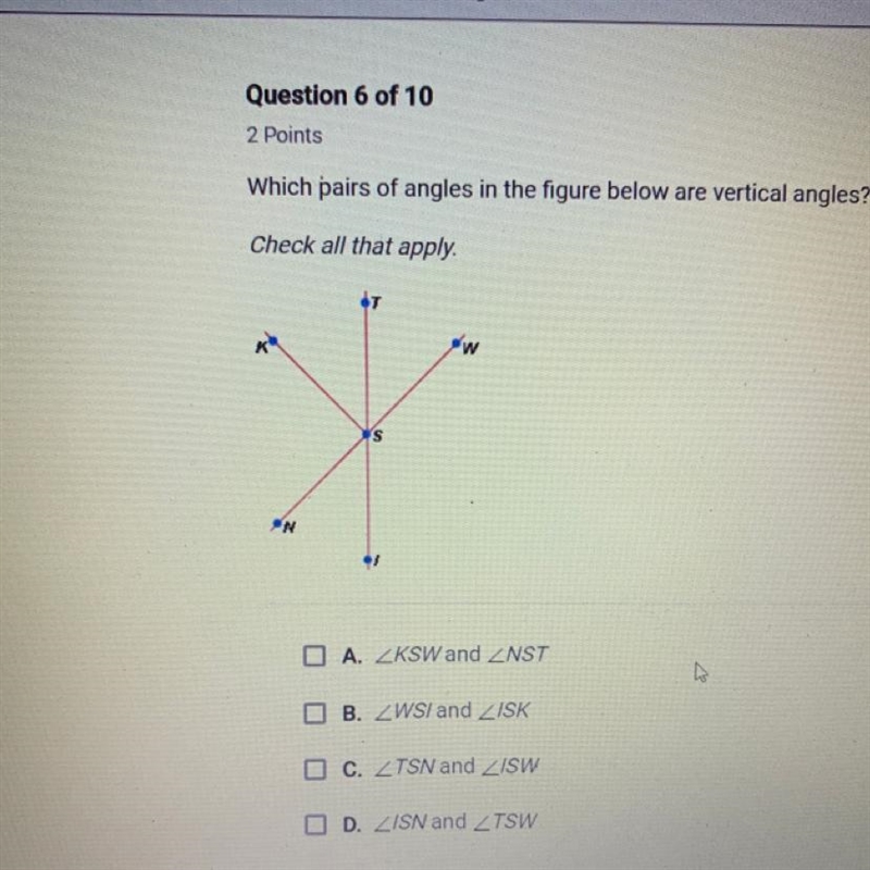 Which pairs of angles in the figure below are vertical angles?-example-1