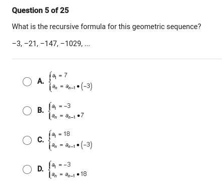 What is the recursive formula for this geometric sequence? -3, -21, -147, -1029, ...-example-1