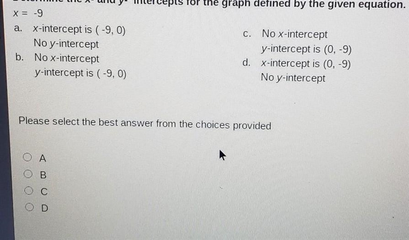 Determine the x- and y- intercepts for the graph defined by the given equation. x-example-1