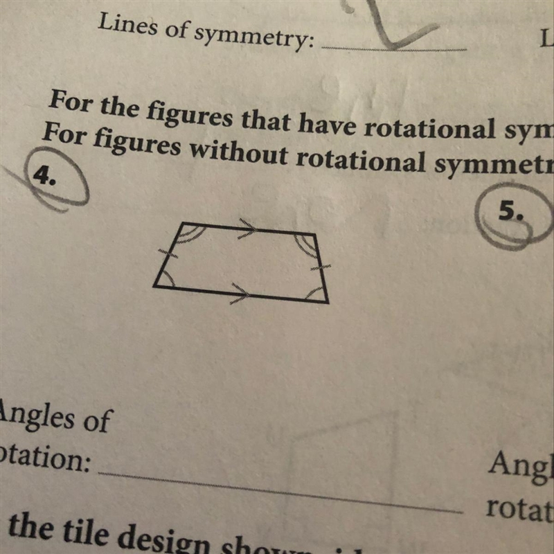 For the figures that have rotational symmetry, list the angles of rotation less than-example-1