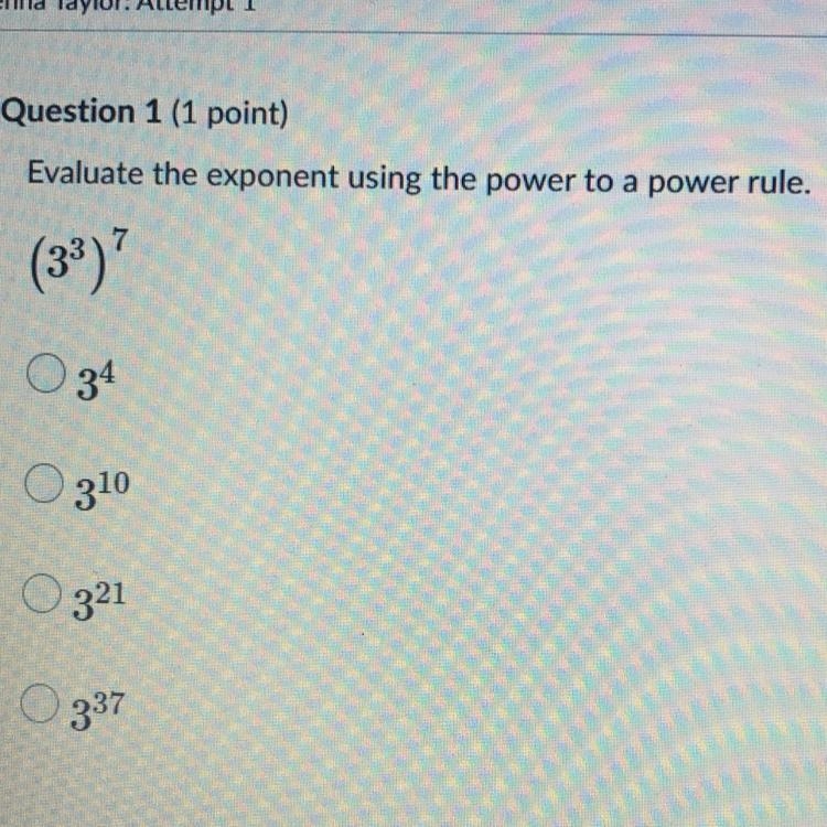 Evaluate the exponent using the power to a power rule. (3^3)^7-example-1