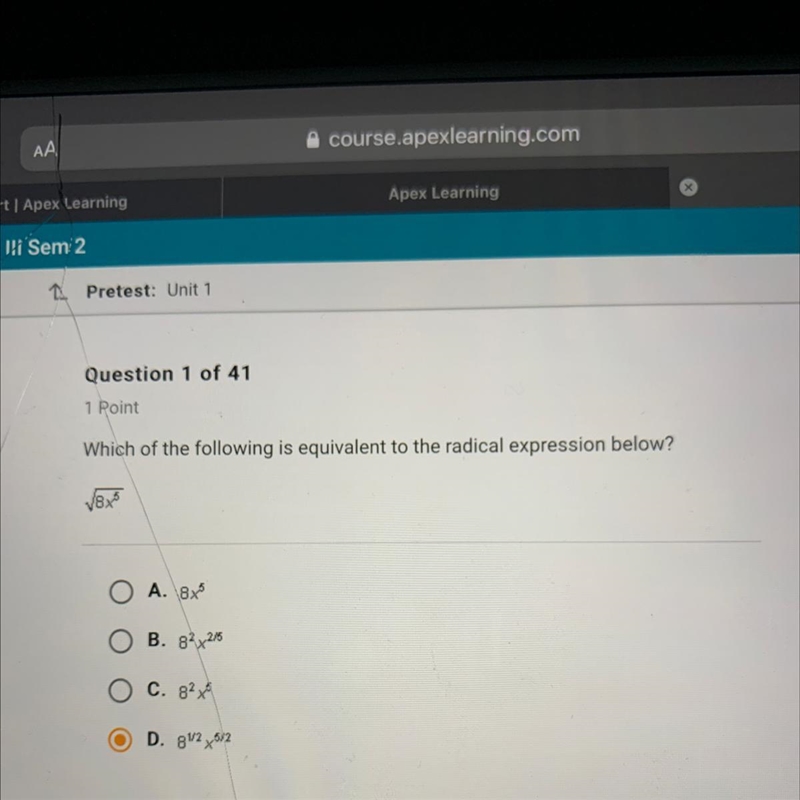 Which of the following is equivalent to the radical expression below √8x^5-example-1