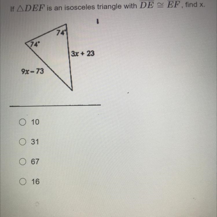 If angle DEF is an isosceles triangle with DE congruent to EF, Find x-example-1