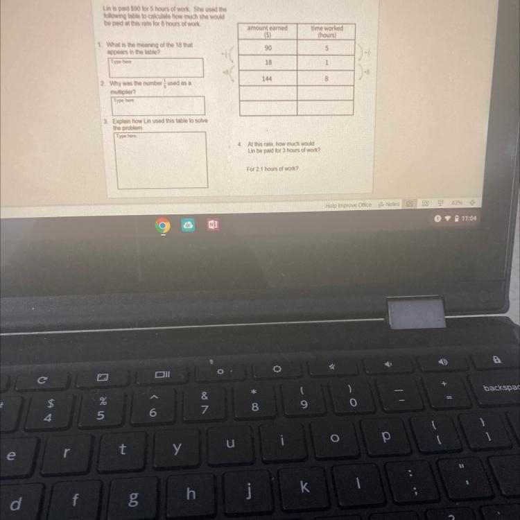 Lin is paid $90 for 5 hours of work. She used the following table to calculate how-example-1