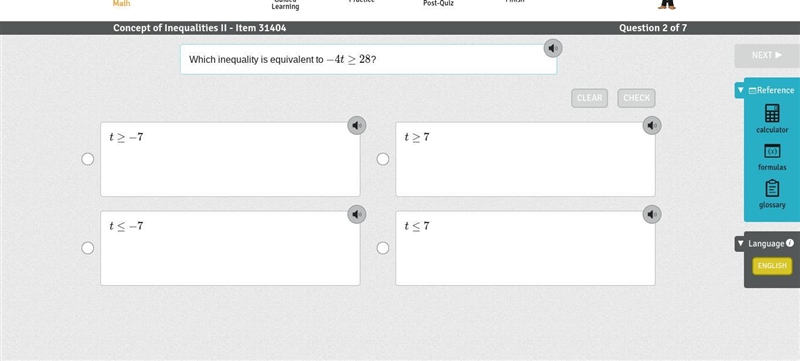 Which inequality is equivalent to −4t≥28?-example-1