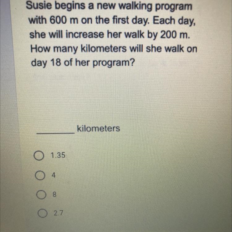 Susie begins a new walking program with 600 m on the first day. Each day, she will-example-1