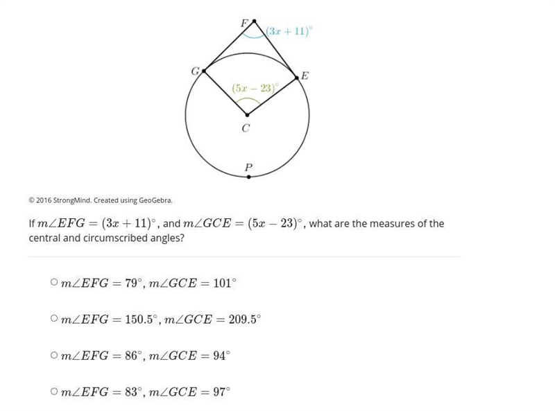 Please help!! Study the diagram of circle C. A circumscribed angle, ∠EFG, is tangent-example-1