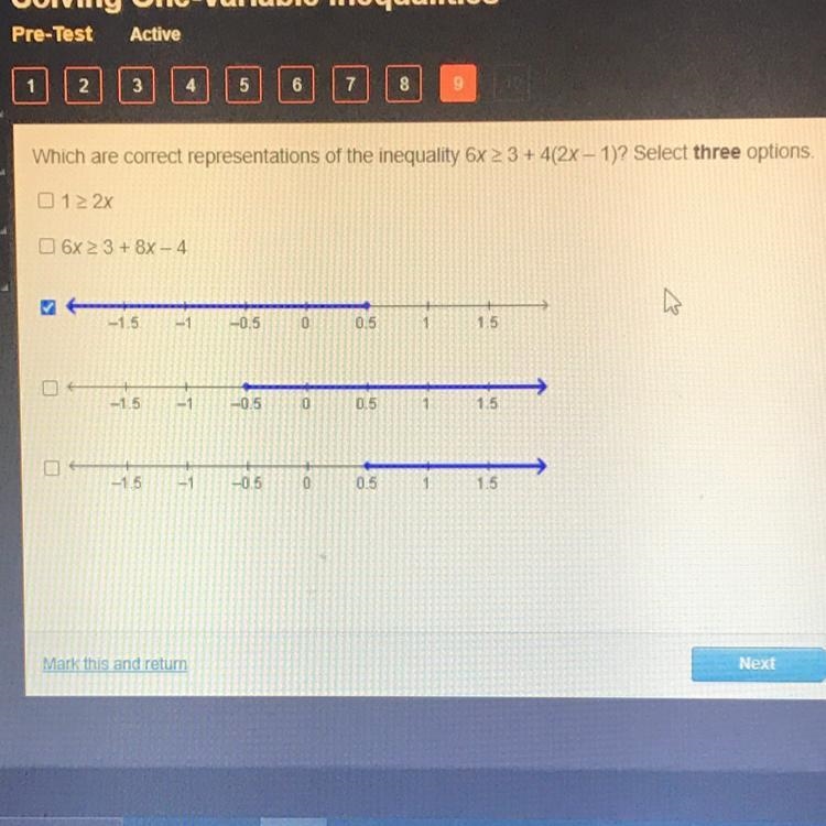 Which are correct representations of the inequality 6x2 3 + 4(2x - 1)? Select three-example-1