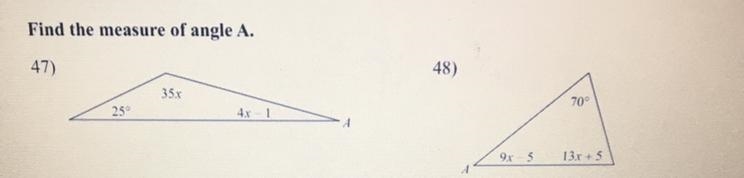 Find the measure of angle A for both 47 and 48-example-1