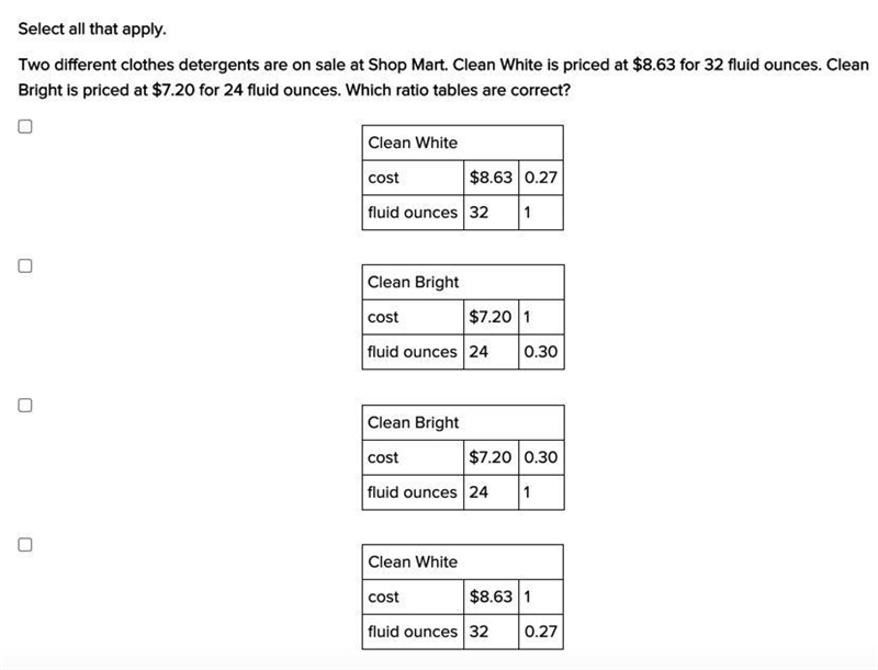 Help with math pls Question: Which ratio tables are correct? (Also: Select *all* that-example-1