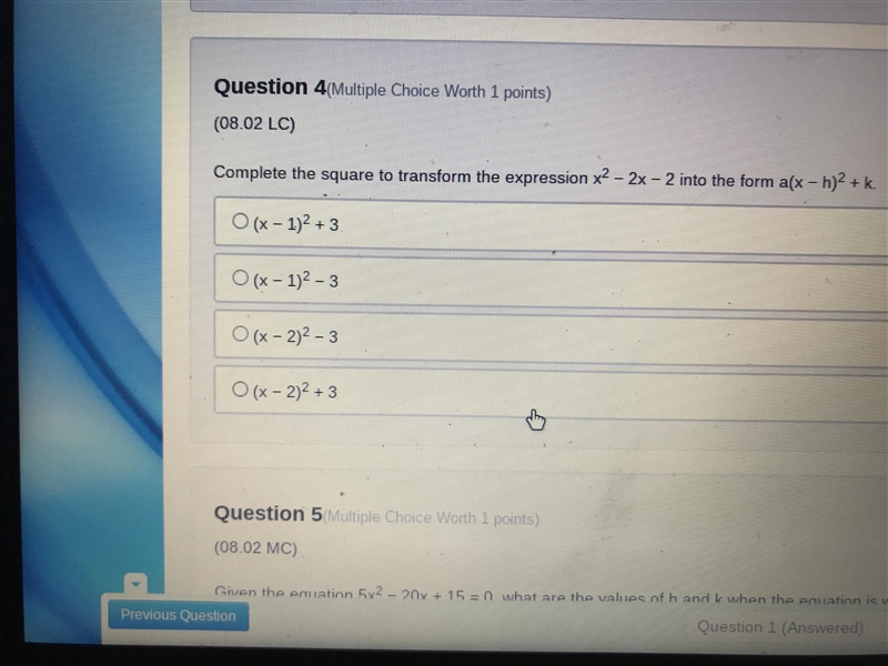 Complete the square to transform the expression x2 - 2x - 2 into the form a(x - h-example-1