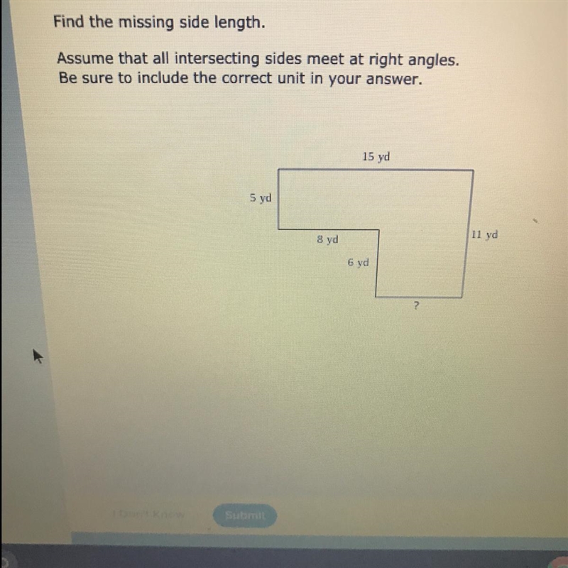 Find the missing side length. Assume that all intersecting sides meet at right angles-example-1