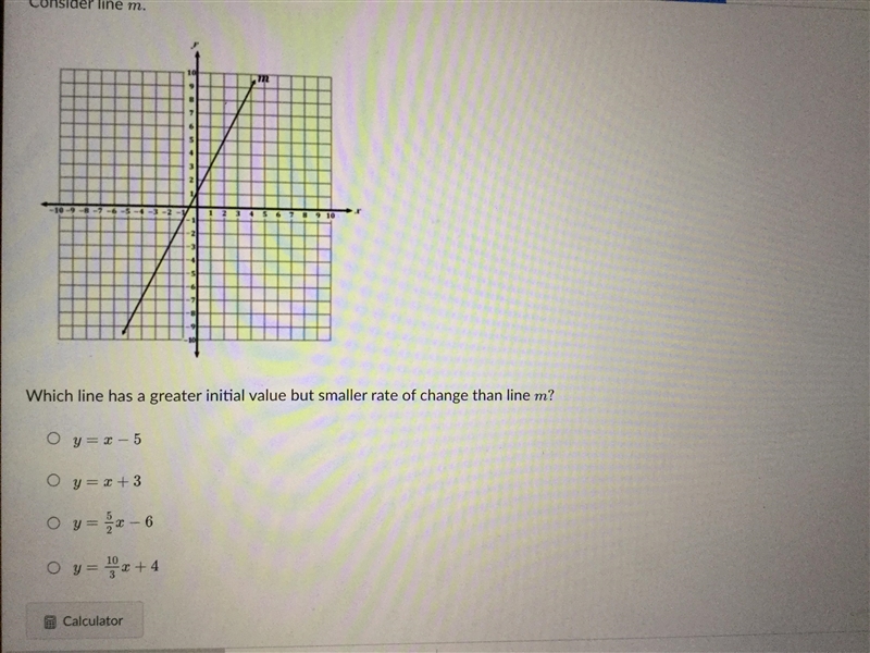 Which line has a greatest initial value but smaller rate of change line m?-example-1