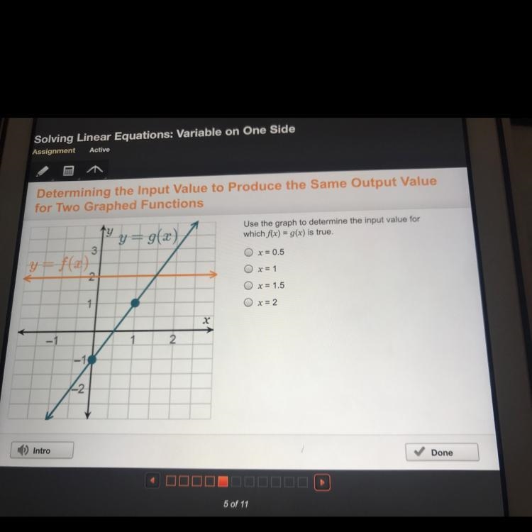 Use the graph to determine the input value for which f(x)=g(x) is true.-example-1