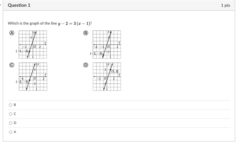 Which is the graph of the line LaTeX: y-2=3\left(x-1\right)y − 2 = 3 ( x − 1 )?-example-1